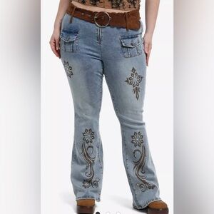 Hot Topic Light indigo Y2K brown paisley belted jeans plus size 16